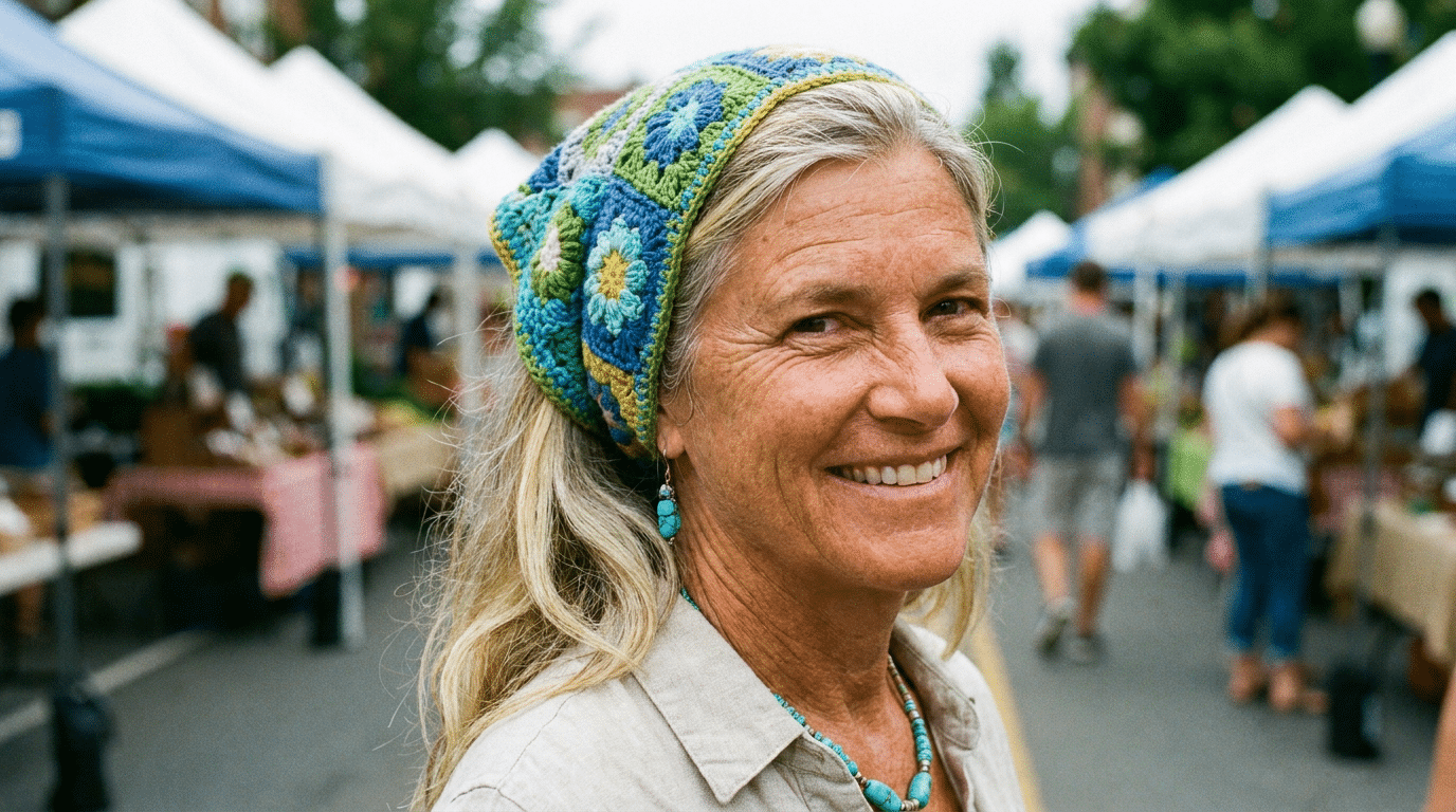 Mulher madura de cabelos grisalhos usando touca de crochê floral azul e verde, brincos e colar turquesa em feira livre