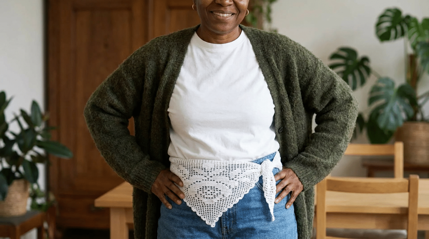 Mulher negra sorridente usa lenço branco de crochê triangular amarrado na cintura sobre camiseta branca e cardigan verde