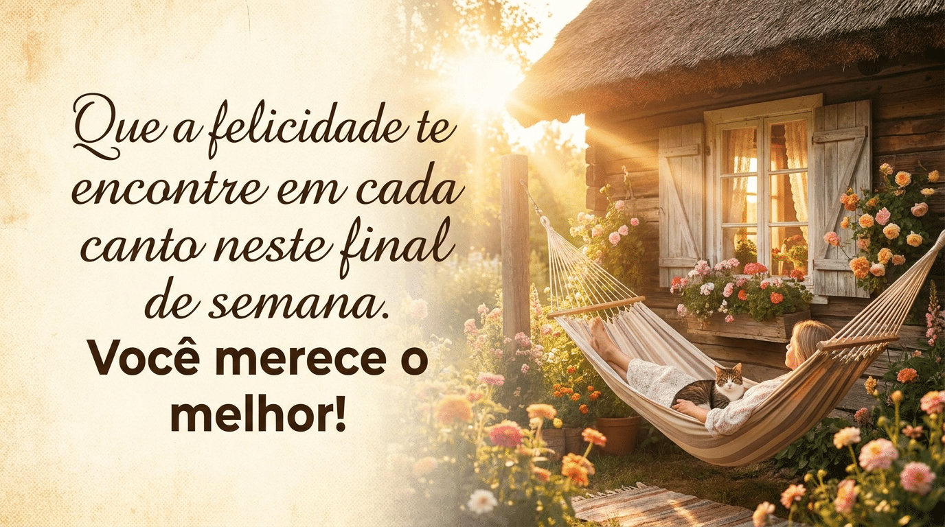 Mulher deitada em rede bege com gato rajado, ao lado de chalé rústico com telhado de palha cercado por flores coloridas