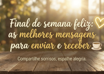 Banner decorativo com texto motivacional sobre final de semana, coração dourado e xícara de café sobre fundo acolhedor