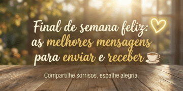 Banner decorativo com texto motivacional sobre final de semana, coração dourado e xícara de café sobre fundo acolhedor