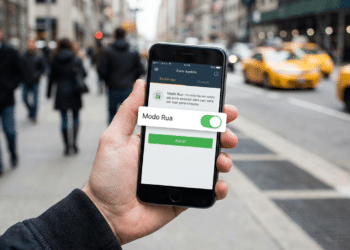 Mão segurando smartphone com app bancário mostrando botão Modo Rua ativado e botão verde Ativar, em rua movimentada com táxis