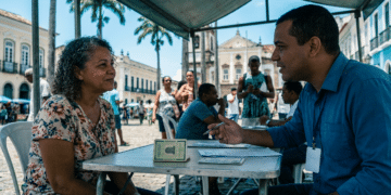 Servidor do INSS de camisa azul atende cidadã em mesa sob tenda, com documentos visíveis, no centro histórico de Salvador.