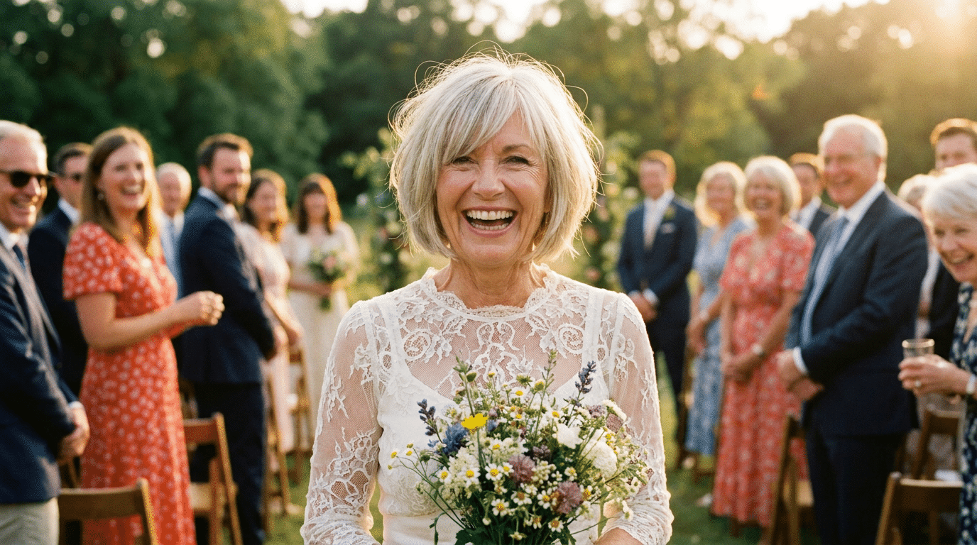 Mulher madura de cabelos grisalhos sorrindo e segurando buquê campestre em vestido de renda branca durante casamento ao ar livre