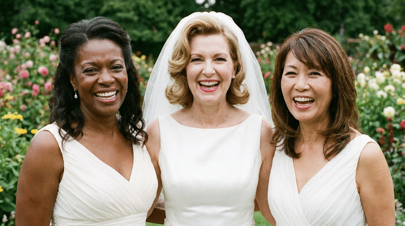 Três mulheres sorridentes usando vestidos brancos em jardim, noiva central com véu e ondas nos cabelos loiros