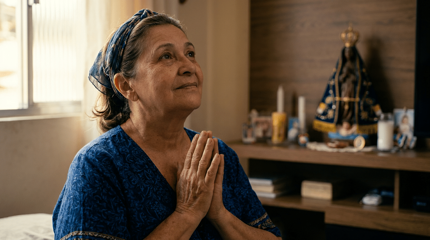 Senhora idosa com lenço azul na cabeça reza de mãos postas diante de altar com velas e imagem de Nossa Senhora Aparecida