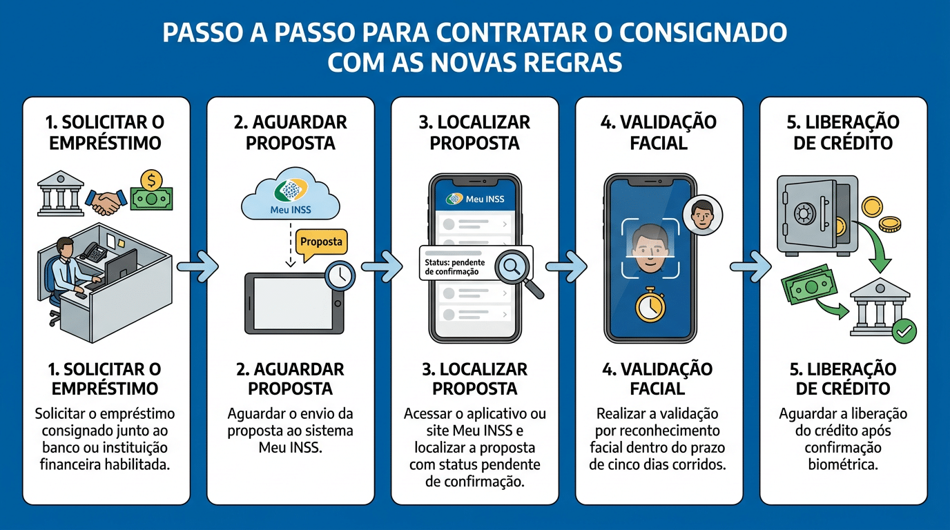 Infográfico mostrando 5 etapas do empréstimo consignado INSS: solicitar, aguardar, localizar, validar por biometria e liberar crédito