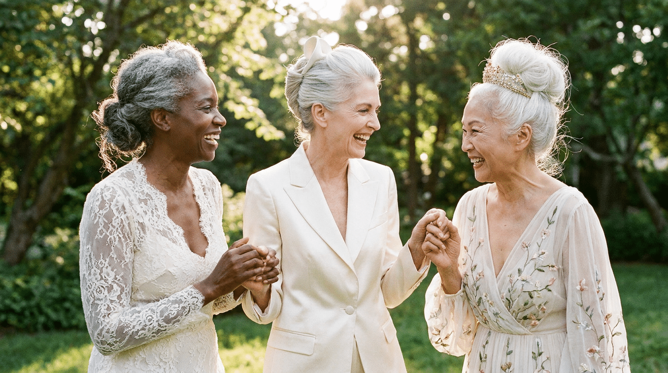 Três mulheres maduras sorrindo com cabelos brancos em coques diferentes, vestidas de tons claros em jardim