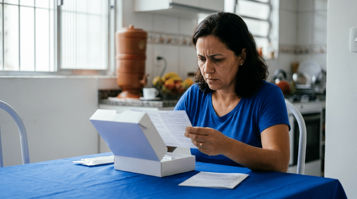 Mulher lê as instruções de um kit de exame sobre a mesa