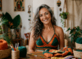 Mulher sorri sentada à mesa vestindo um top de crochê