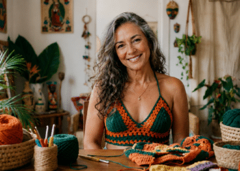 Mulher sorri sentada à mesa vestindo um top de crochê
