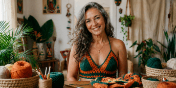 Mulher sorri sentada à mesa vestindo um top de crochê
