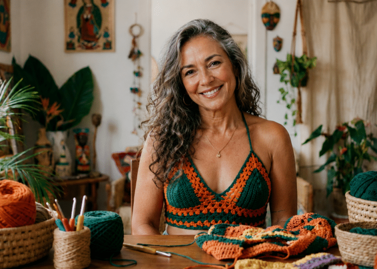 Mulher sorri sentada à mesa vestindo um top de crochê