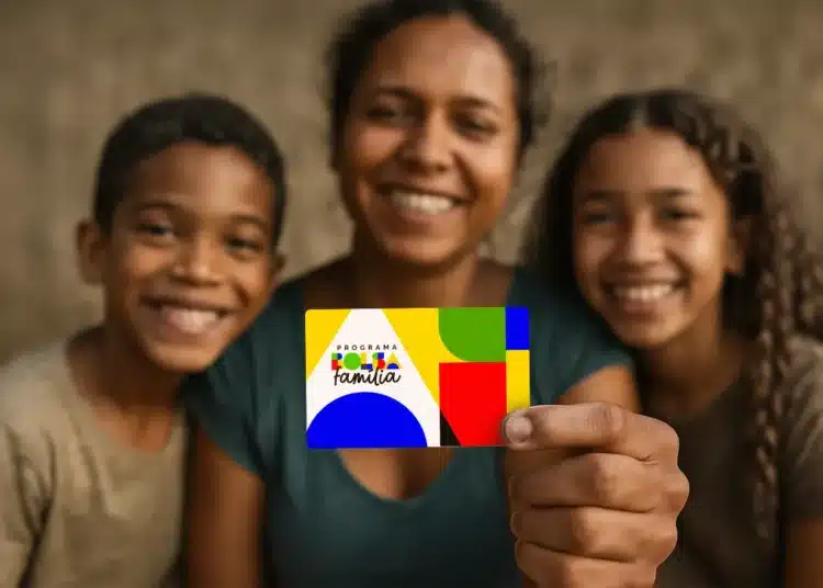 Mãe segura cartão colorido do Programa Bolsa Família ao lado de dois filhos, todos sorrindo