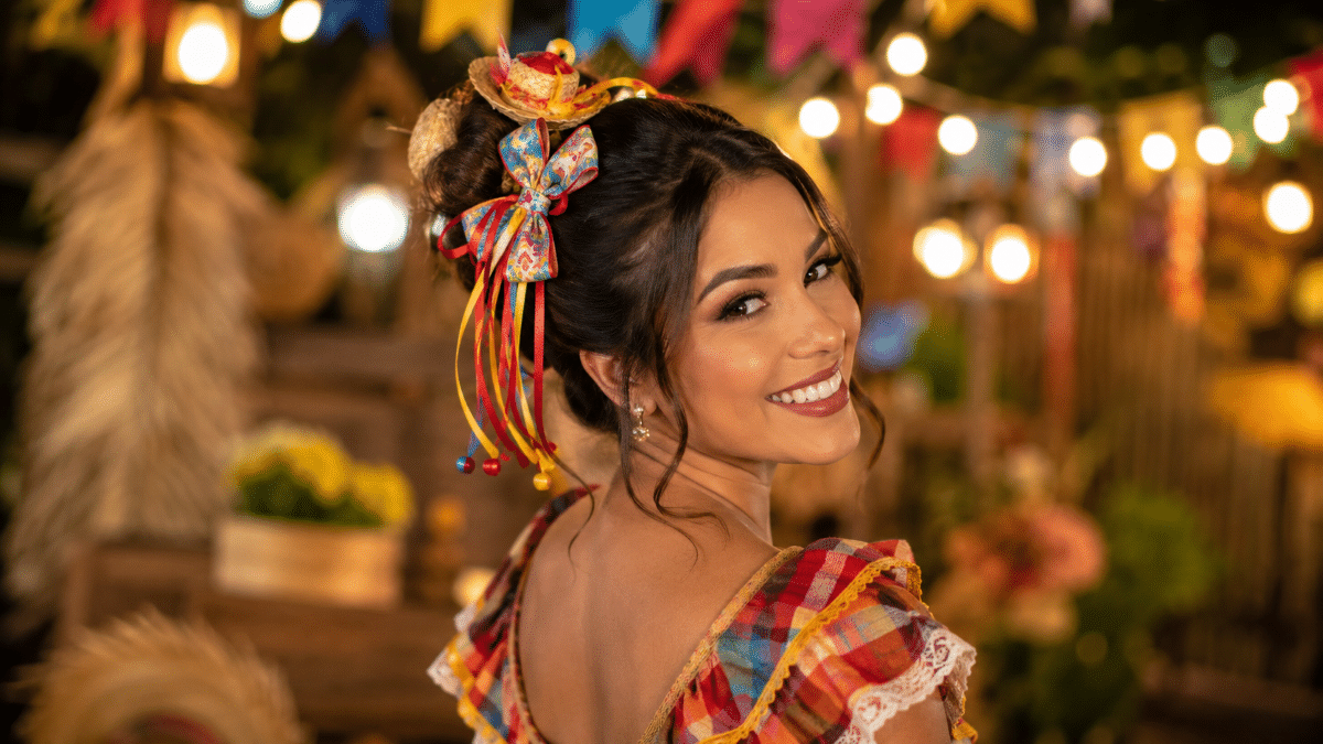 Jovem sorrindo em festa junina com vestido xadrez colorido Jovem mulher sorridente com vestido xadrez e laço decorado em festa junina iluminada
