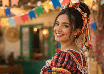 Mulher jovem com trança decorada por fitas e flores sorrindo em festa junina colorida