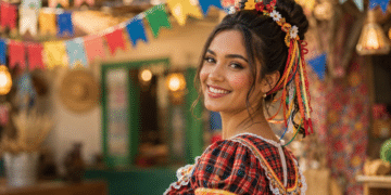 Mulher jovem com trança decorada por fitas e flores sorrindo em festa junina colorida