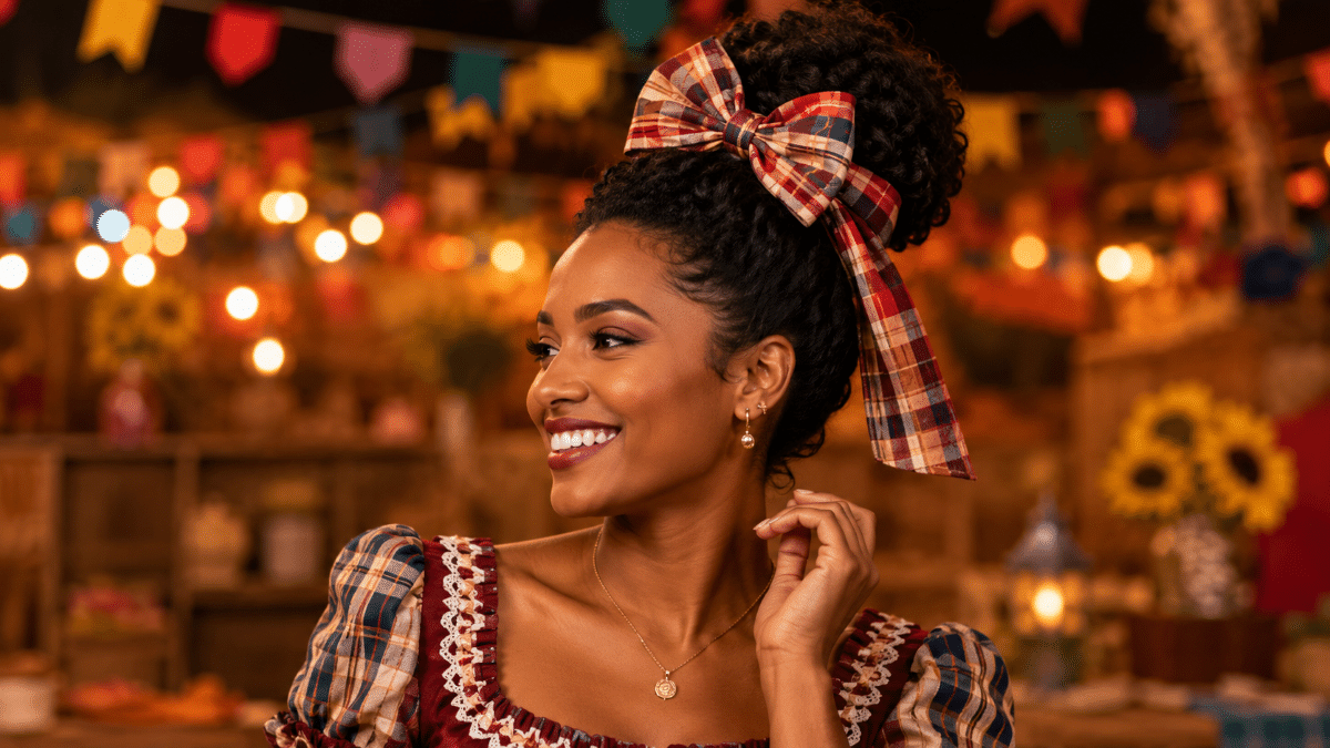 Mulher sorridente em festa junina com laço xadrez e decoração típica Jovem negra sorridente com laço xadrez grande no cabelo, vestida de traje típico junino e bandeirinhas coloridas ao fundo