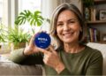 Mulher sorridente de cabelos grisalhos aponta para lata azul de Nivea Creme 150ml em sala com plantas e estante