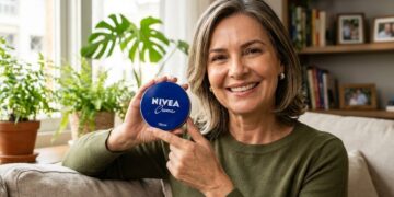 Mulher sorridente de cabelos grisalhos aponta para lata azul de Nivea Creme 150ml em sala com plantas e estante