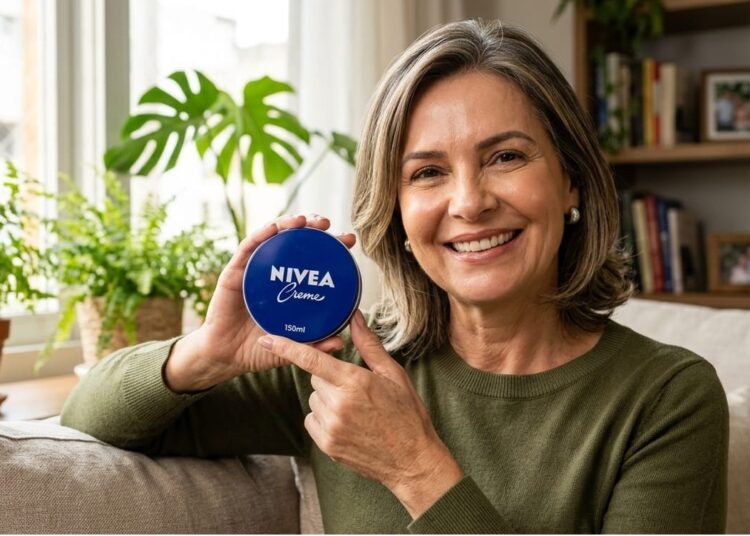 Mulher sorridente de cabelos grisalhos aponta para lata azul de Nivea Creme 150ml em sala com plantas e estante