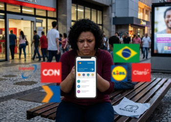 Mulher sentada em banco urbano, expressão preocupada, segura smartphone exibindo app financeiro, com logos de marcas ao redor