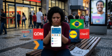 Mulher sentada em banco urbano, expressão preocupada, segura smartphone exibindo app financeiro, com logos de marcas ao redor