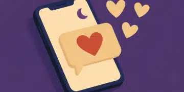 Ilustração de smartphone com balão de mensagem contendo coração vermelho, lua e corações dourados em fundo roxo