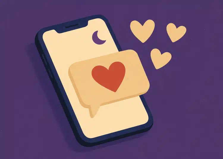 Ilustração de smartphone com balão de mensagem contendo coração vermelho, lua e corações dourados em fundo roxo