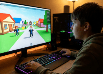 Menino de costas jogando Roblox em computador desktop com teclado mecânico RGB e monitor exibindo avatares coloridos