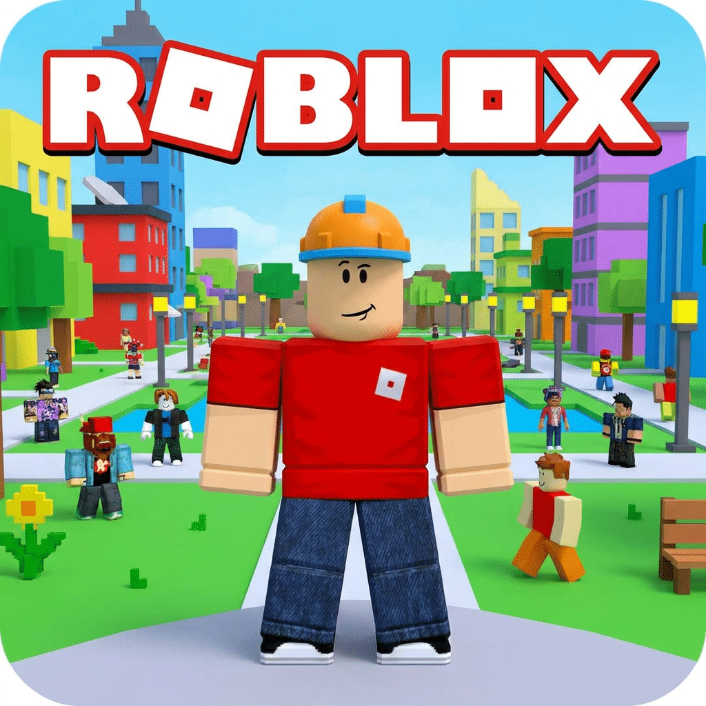 Avatar principal de Roblox com capacete laranja e camiseta vermelha em ambiente colorido de cidade virtual