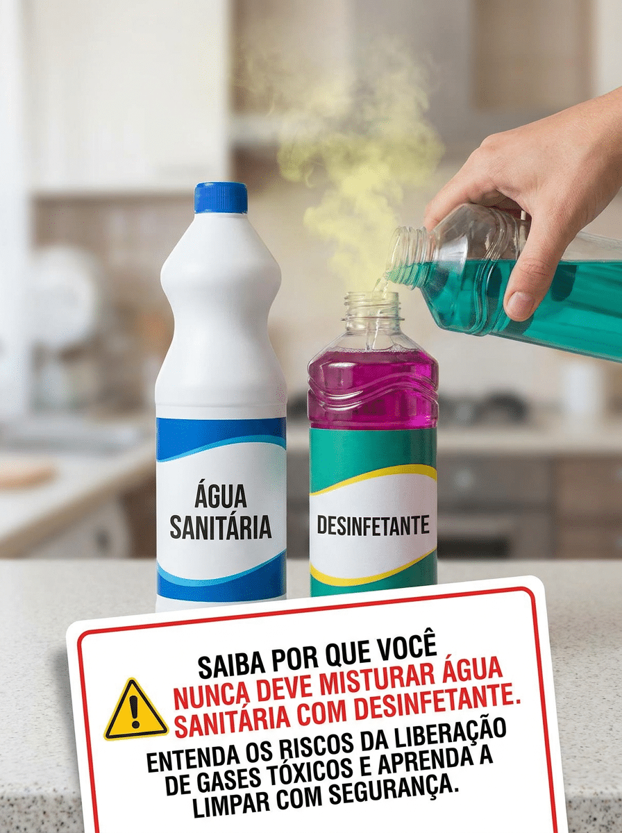 Mão despejando desinfetante azul em frasco de água sanitária com fumaça amarela esverdeada representando gás tóxico liberado