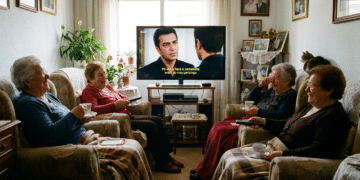 Quatro idosas sentadas em poltronas tomam chá enquanto assistem à novela turca Ezel em TV com legendas