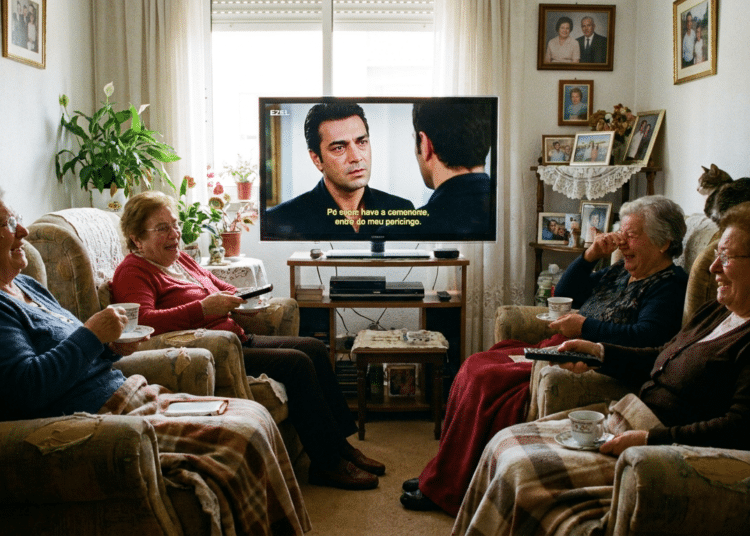 Quatro idosas sentadas em poltronas tomam chá enquanto assistem à novela turca Ezel em TV com legendas