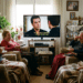 Quatro idosas sentadas em poltronas tomam chá enquanto assistem à novela turca Ezel em TV com legendas