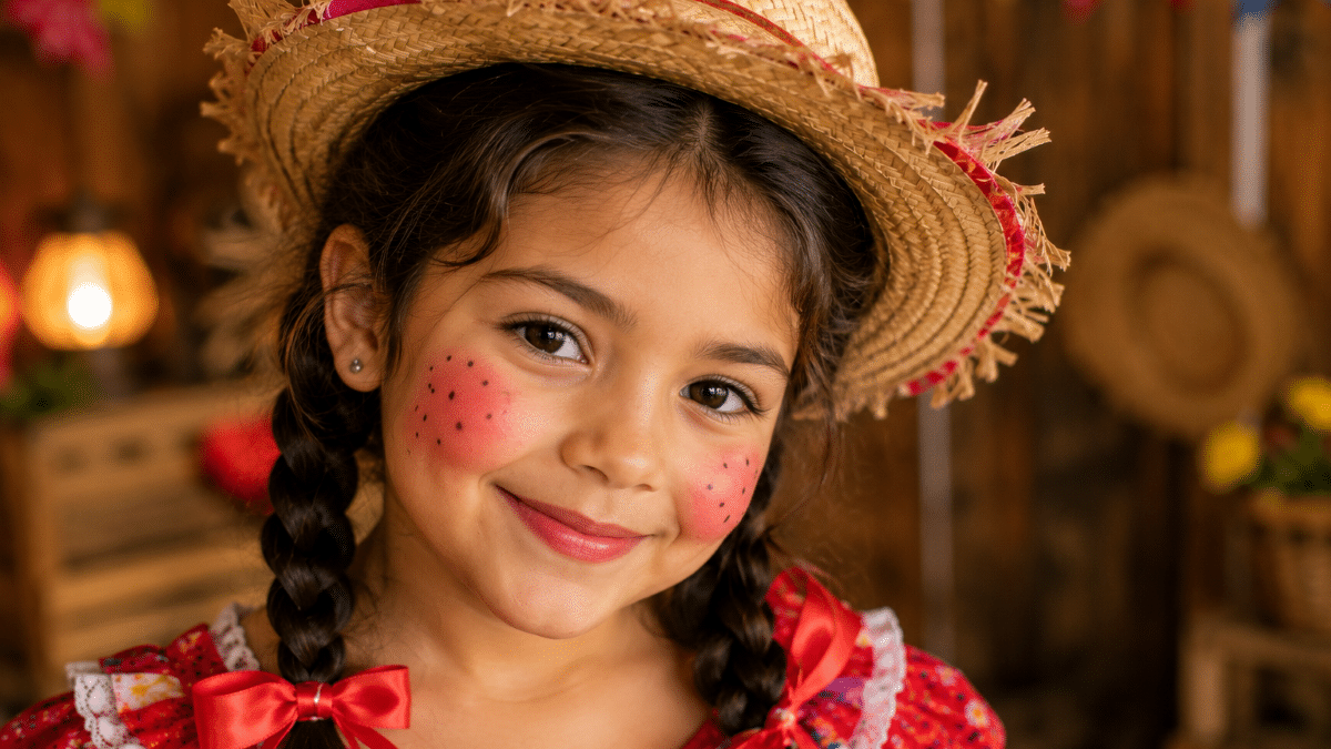 Menina com chapéu de palha, bochechas rosadas e sardinhas pintadas para festa junina