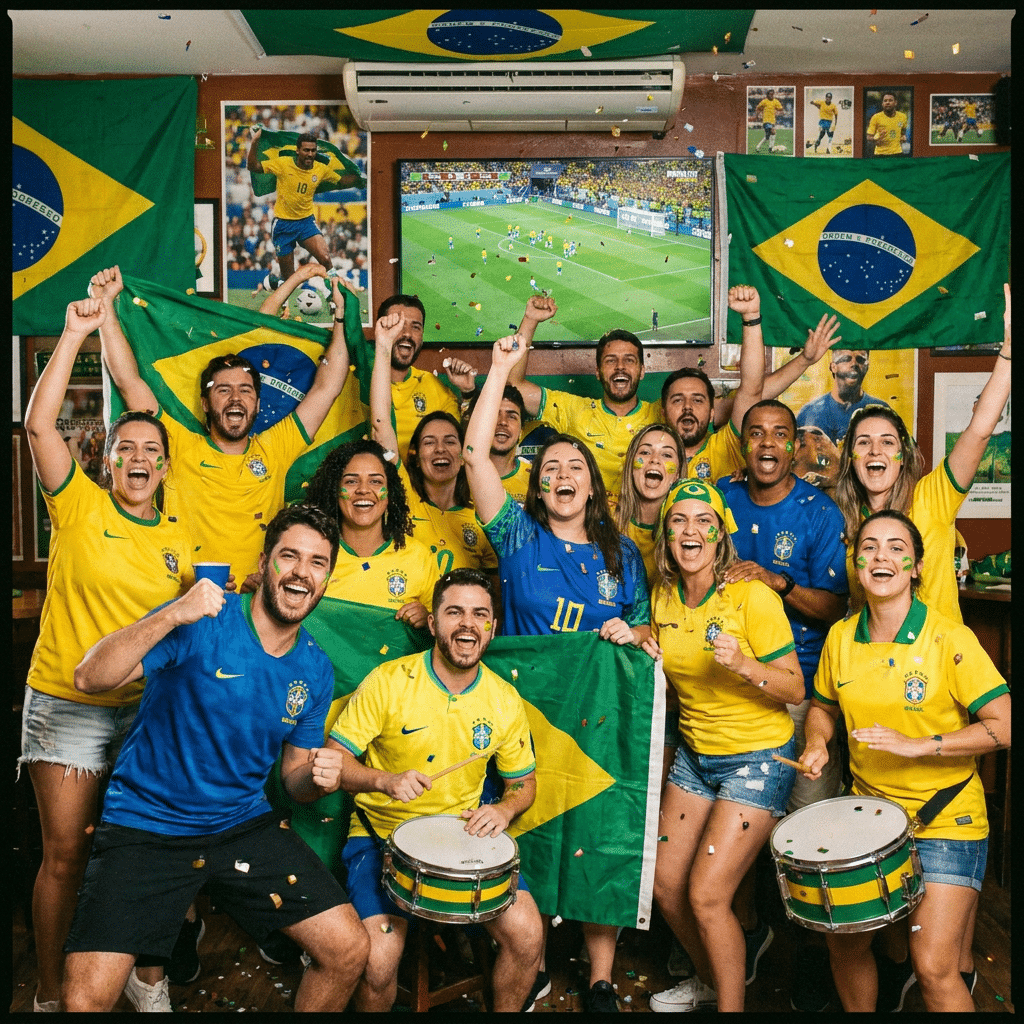 Grupo de 16 torcedores com roupas da Seleção Brasileira comemora animado em bar decorado, assistindo futebol na TV