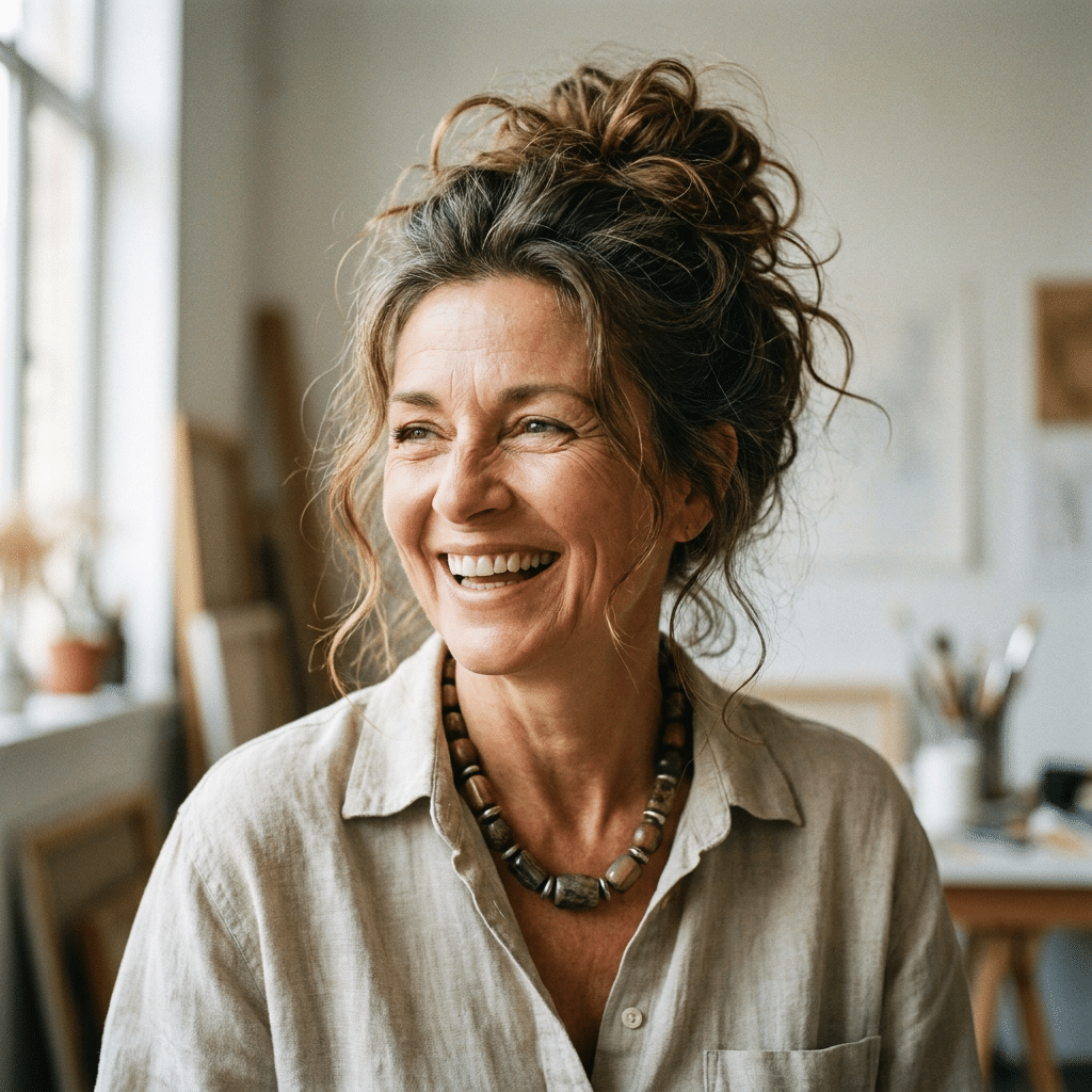 Mulher madura sorrindo com coque alto bagunçado, fios soltos, camisa de linho bege e colar de pedras em ateliê