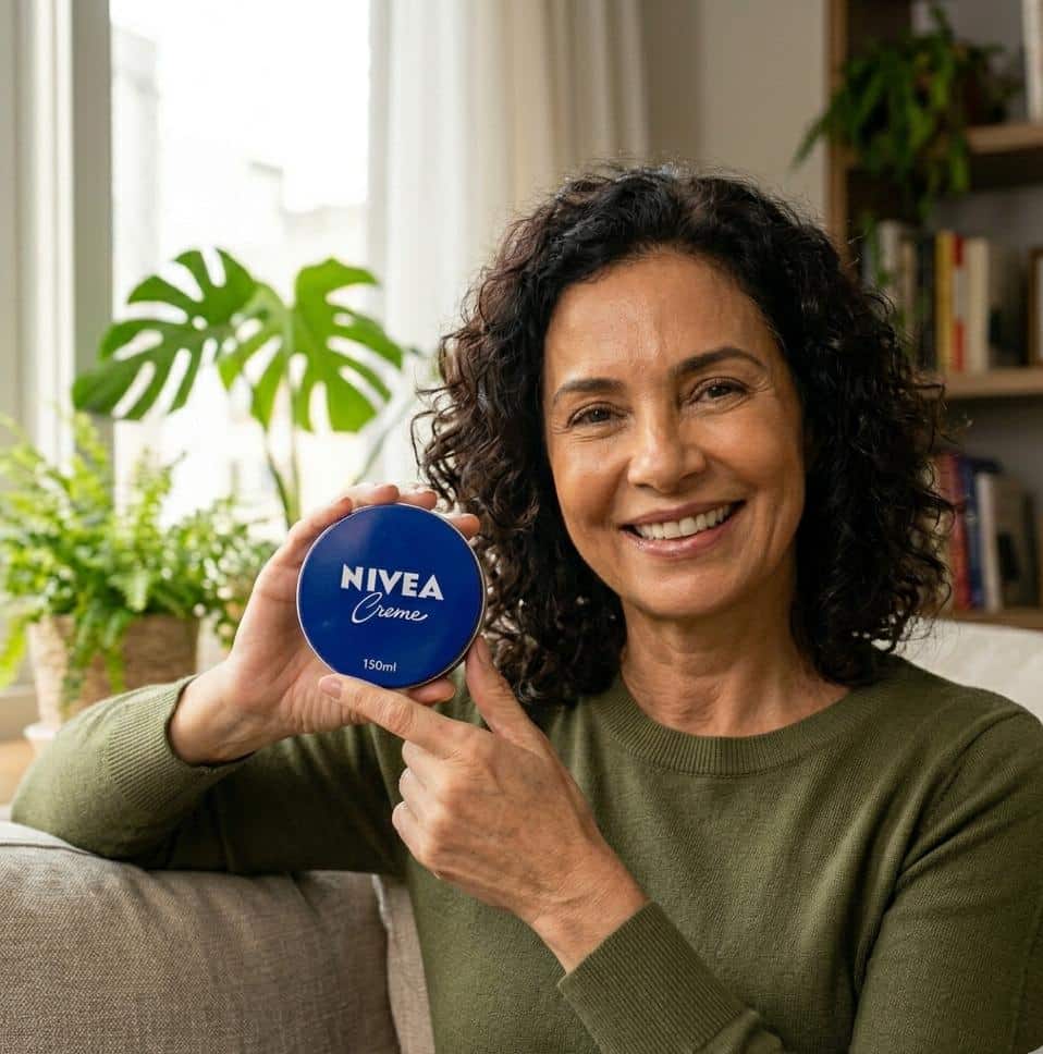 Mulher madura exibe lata de creme Nivea 150ml em ambiente aconchegante Mulher de cabelos cacheados escuros sorrindo, segurando lata azul de Nivea Creme 150ml enquanto aponta para o produto