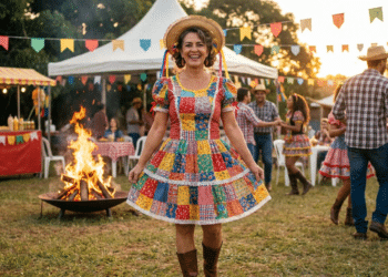 Mulher com vestido de chita colorido e chapéu de palha sorri em frente à fogueira durante festa junina