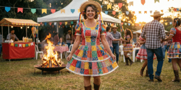 Mulher com vestido de chita colorido e chapéu de palha sorri em frente à fogueira durante festa junina