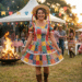 Mulher com vestido de chita colorido e chapéu de palha sorri em frente à fogueira durante festa junina