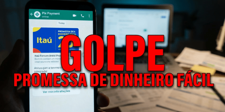 Mão segurando smartphone com conversa falsa de Pix Payment e card do Itaú; texto "GOLPE - Promessa de Dinheiro Fácil"