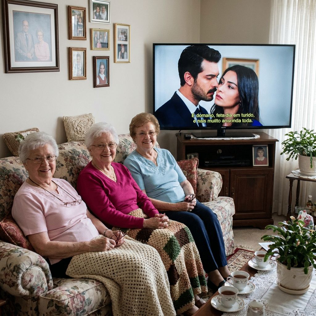 Três idosas sorriem sentadas em sofá floral assistindo novela turca na TV com xícaras de chá na mesa
