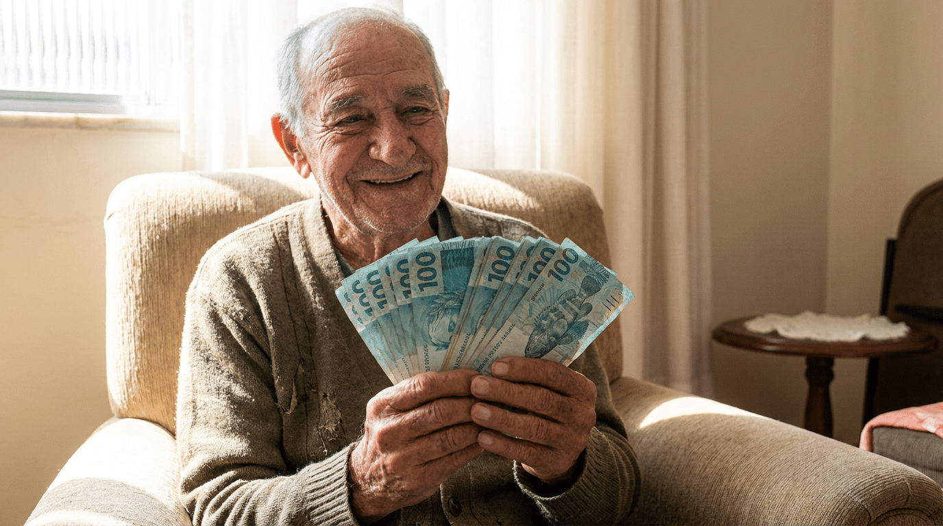 Idoso sorridente sentado em poltrona bege segurando leque de notas de 100 reais, usando suéter verde oliva em ambiente doméstico