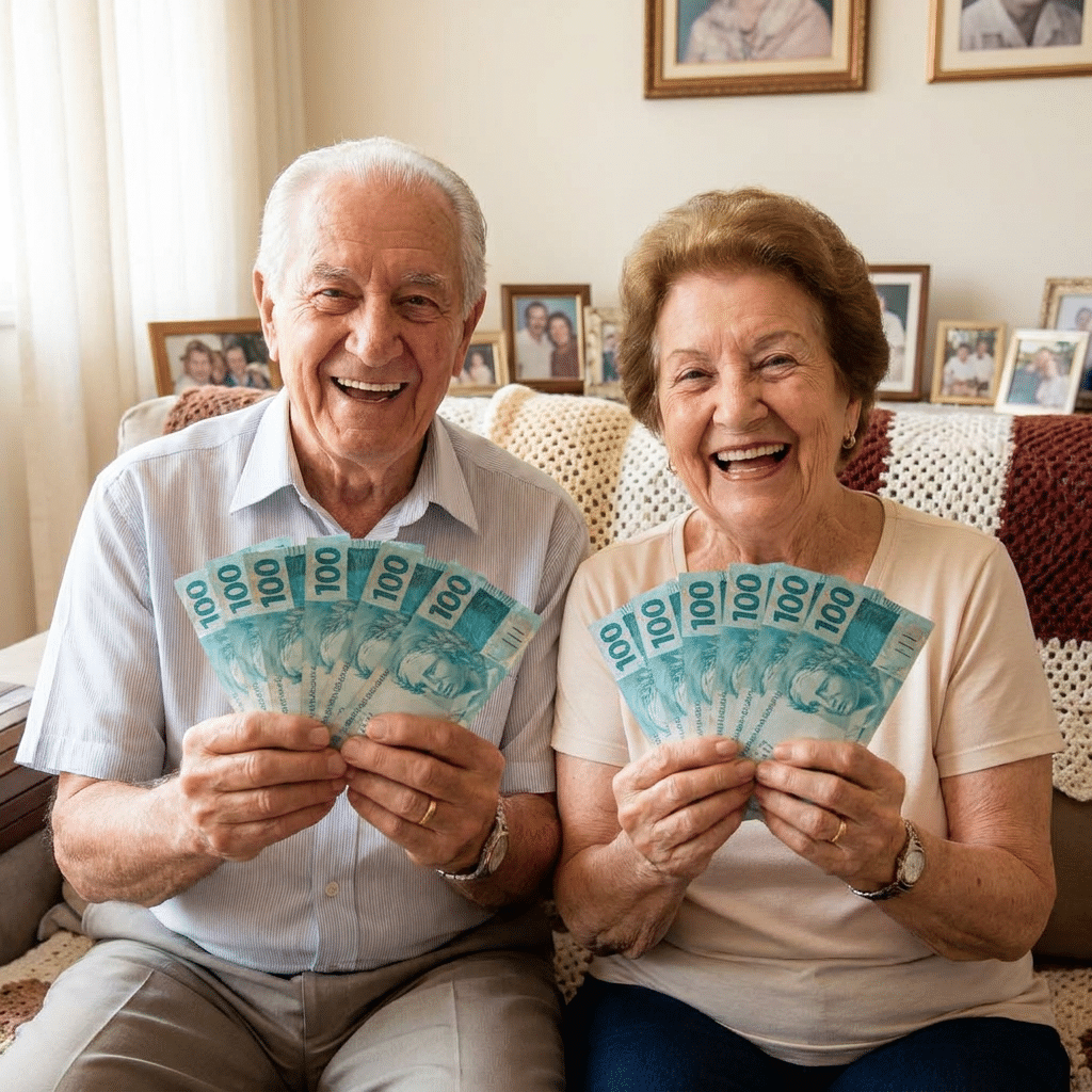 Casal de idosos sorri segurando notas de R$100 em sala de estar com fotos de família ao fundo