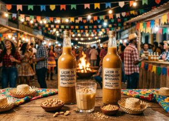 Garrafas de licor de amendoim artesanal com rótulo "Festa Junina Ipiaú/BA - 2024" em mesa decorada com bandeirolas e fogueira ao fundo