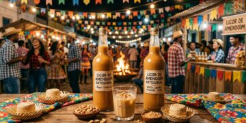 Garrafas de licor de amendoim artesanal com rótulo "Festa Junina Ipiaú/BA - 2024" em mesa decorada com bandeirolas e fogueira ao fundo