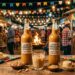 Garrafas de licor de amendoim artesanal com rótulo "Festa Junina Ipiaú/BA - 2024" em mesa decorada com bandeirolas e fogueira ao fundo