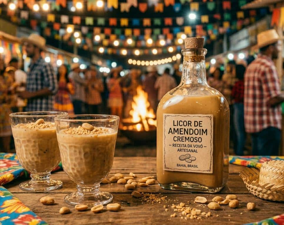 Garrafa de licor de amendoim cremoso e duas taças servidas sobre mesa rústica com fogueira e bandeirolas ao fundo
